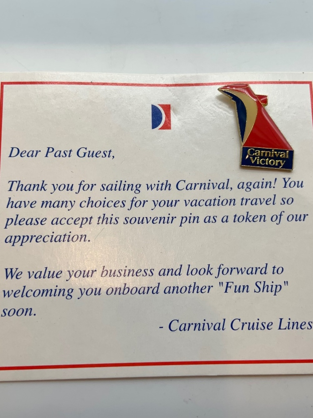 VTG Carnival Cruise Lines Carnival Victory Collectible Lapel Pin and Card